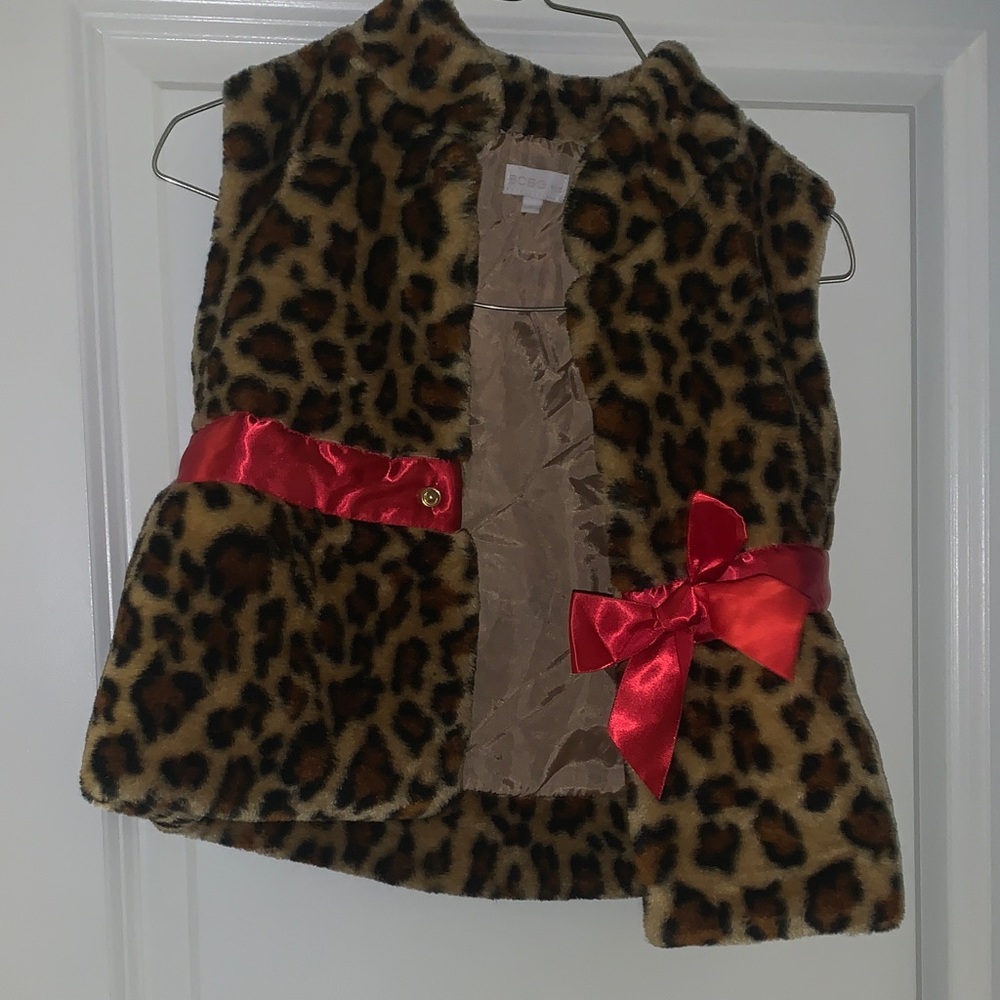 BCBGirls Leopard Print Faux Fur Vest with Red Bow